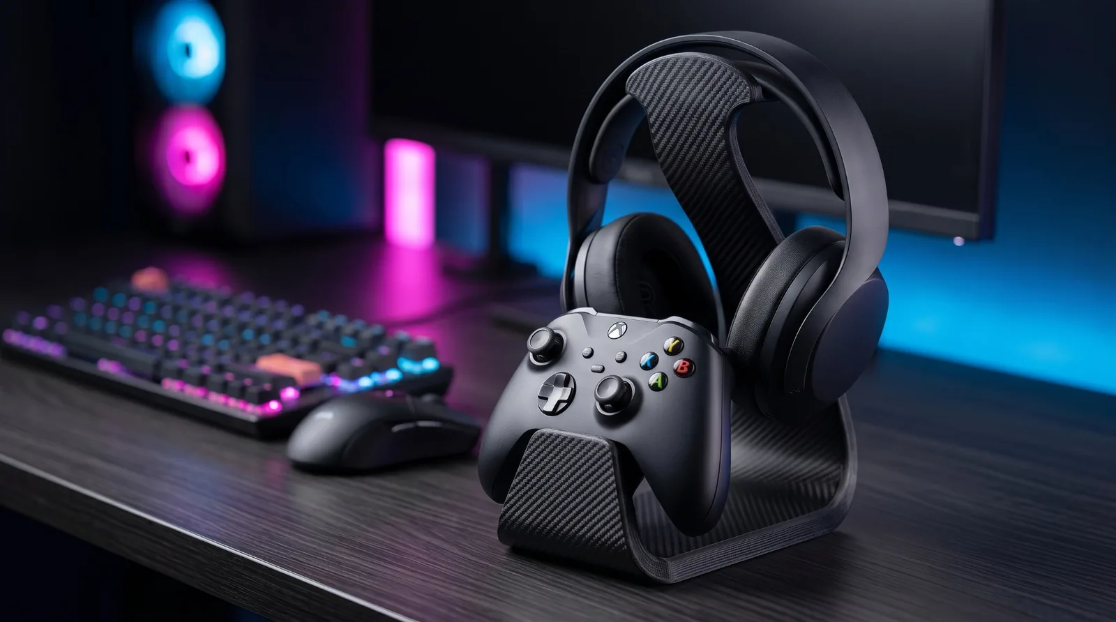 Suporte gamer impresso em 3D para headset e controle