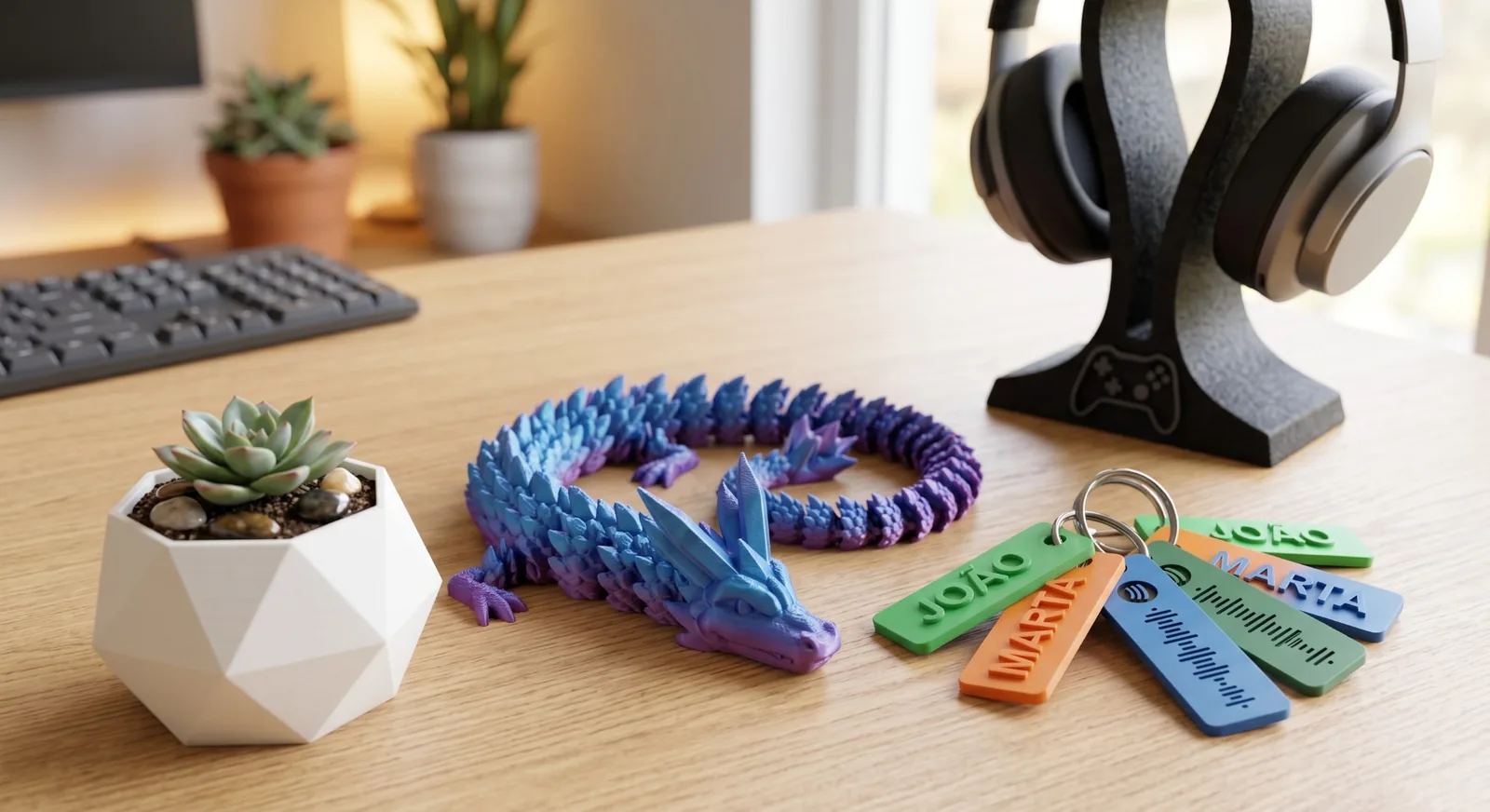 Dragão decorativo e etiquetas personalizadas em impressão 3D
