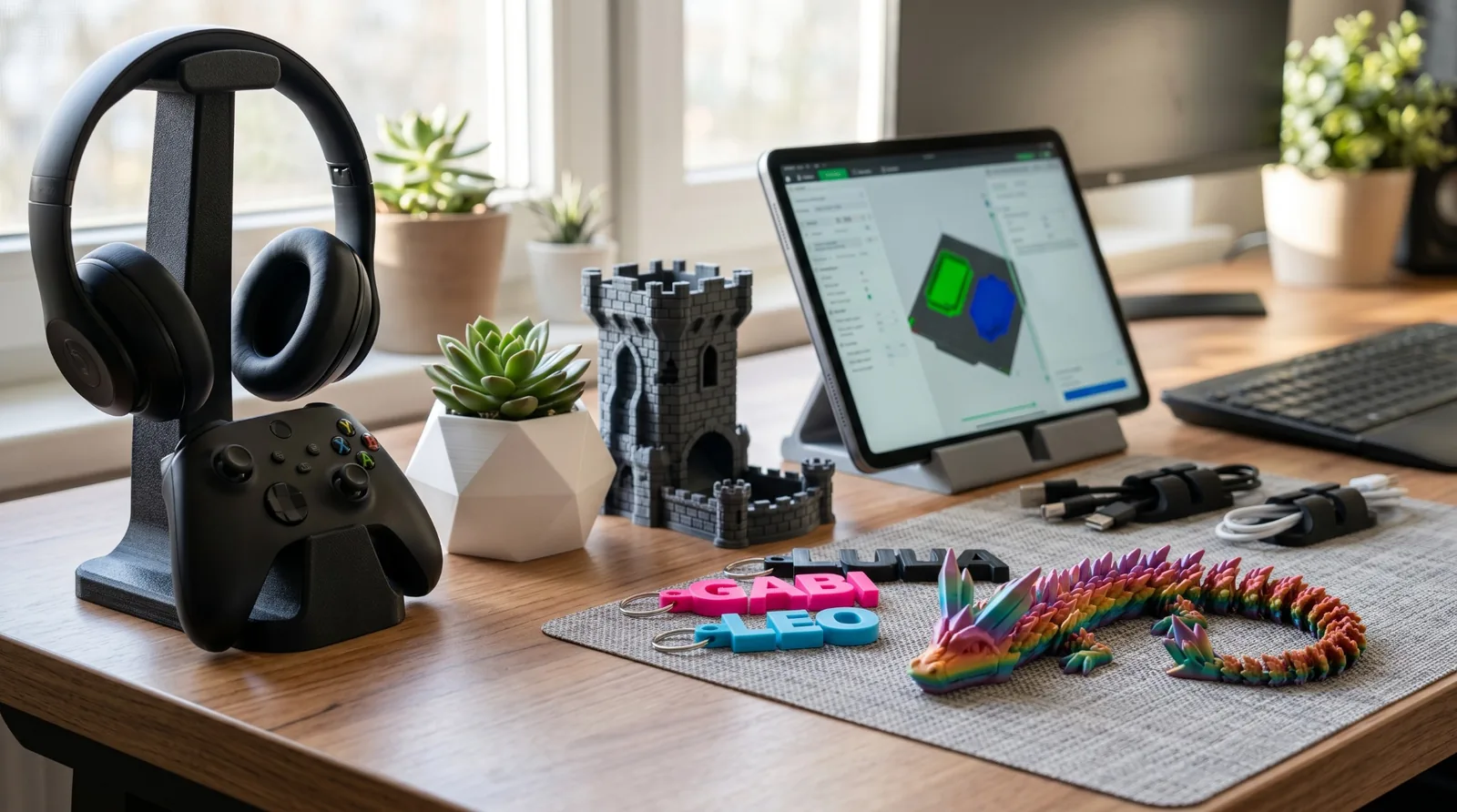 Bancada com chaveiros, miniaturas e peças de impressão 3D personalizadas